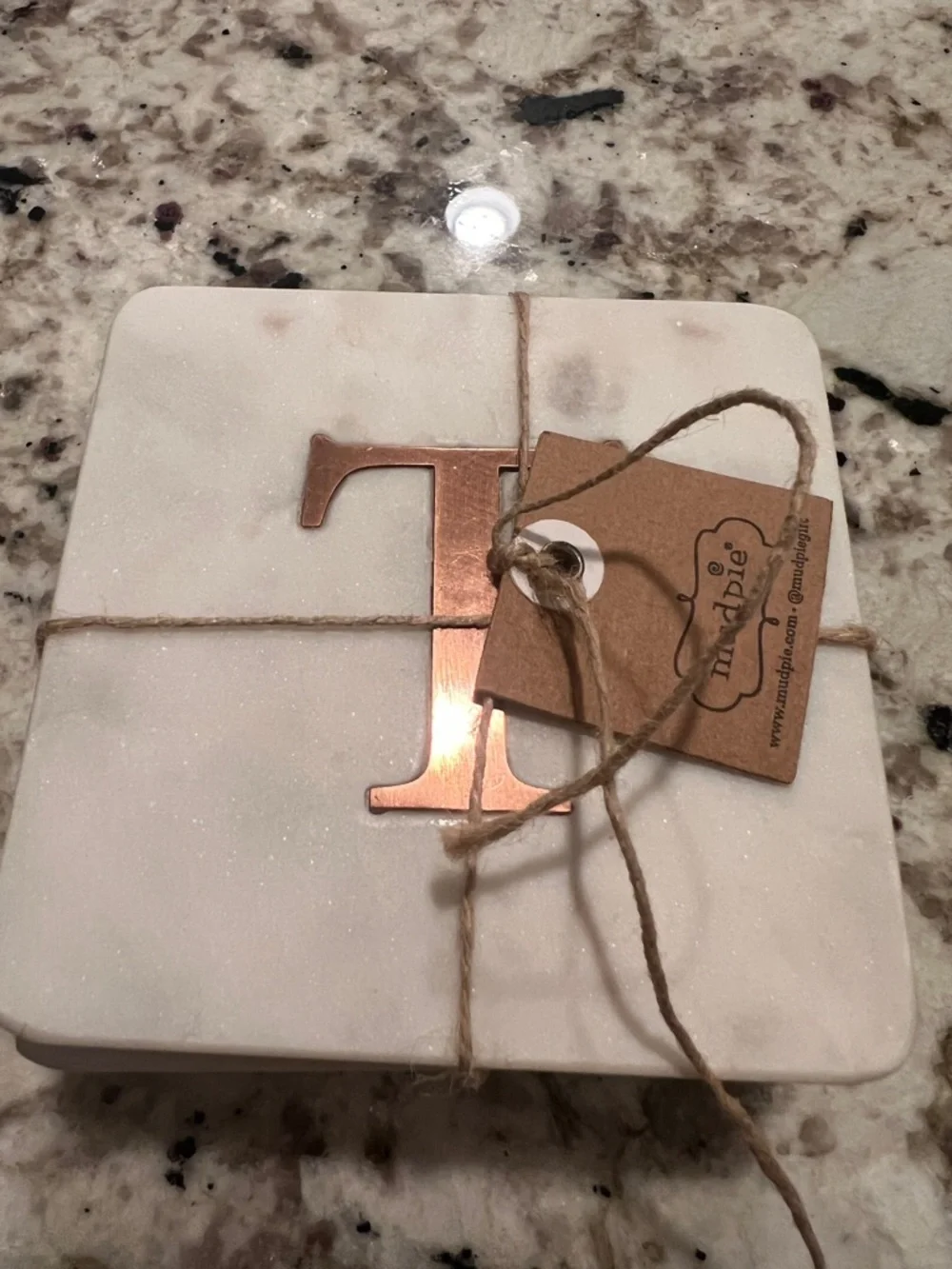 Mud Pie White Marble Coaster Set with Copper Monogram T Accent